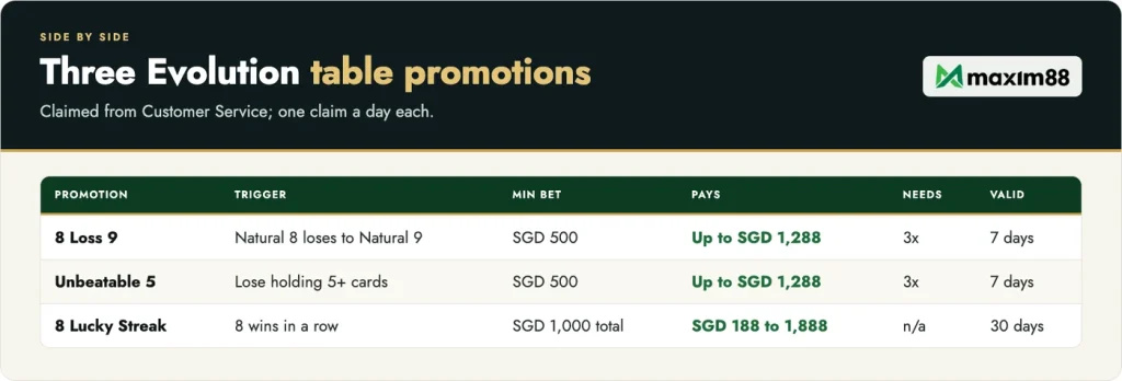 Three Maxim88 Evolution table promotions side by side: 8 Loss 9, Unbeatable 5 and 8 Lucky Streak