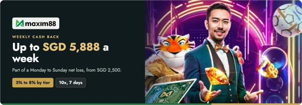 Maxim88 Weekly Cash Back up to SGD 5,888 a week, 3% to 8% by tier, 10x within 7 days